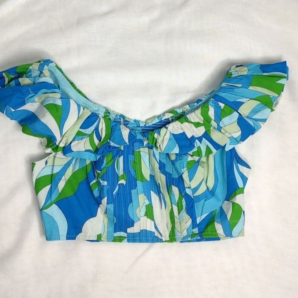 Anthropologie Maeve Top M Blue Puff Sleeve Ruffle Crop Top V-Neck Smocked - Picture 4 of 9